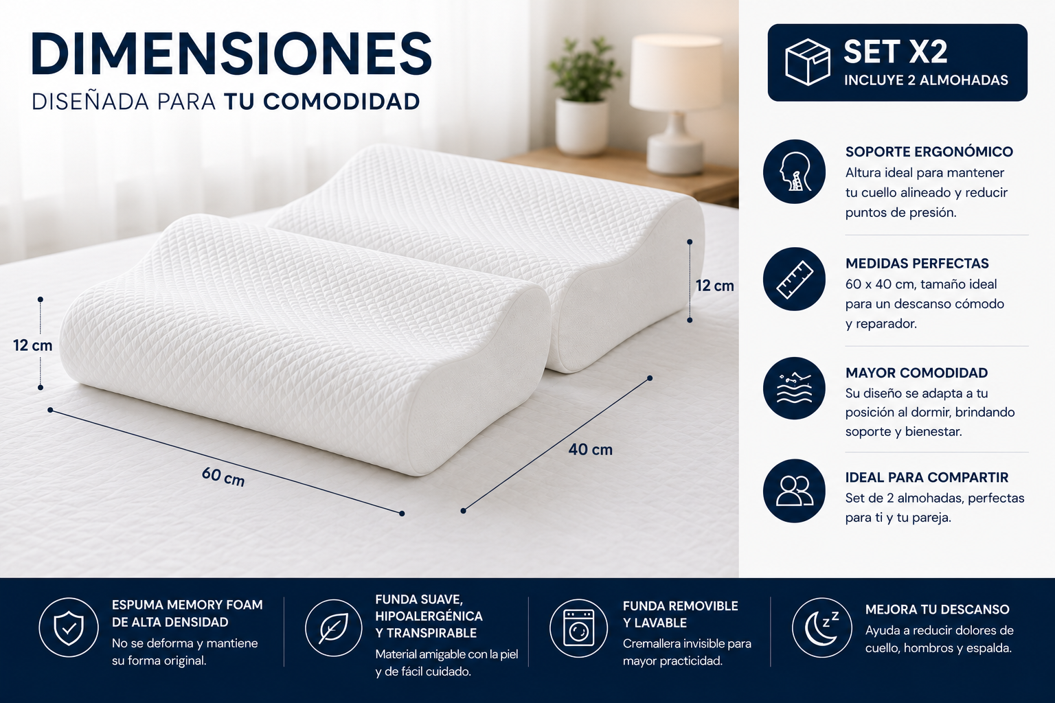 Almohada Cervical Memory Foam Premium Hogareto 60x40 cm - Set x2