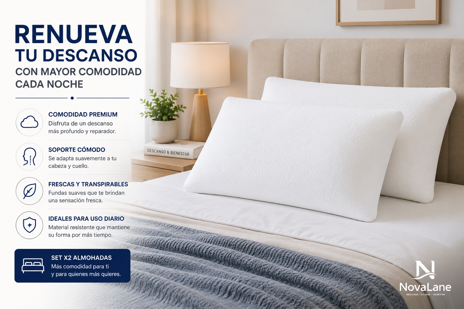 Almohada Plana Memory Foam Hogareto 60x40 cm Set x2r